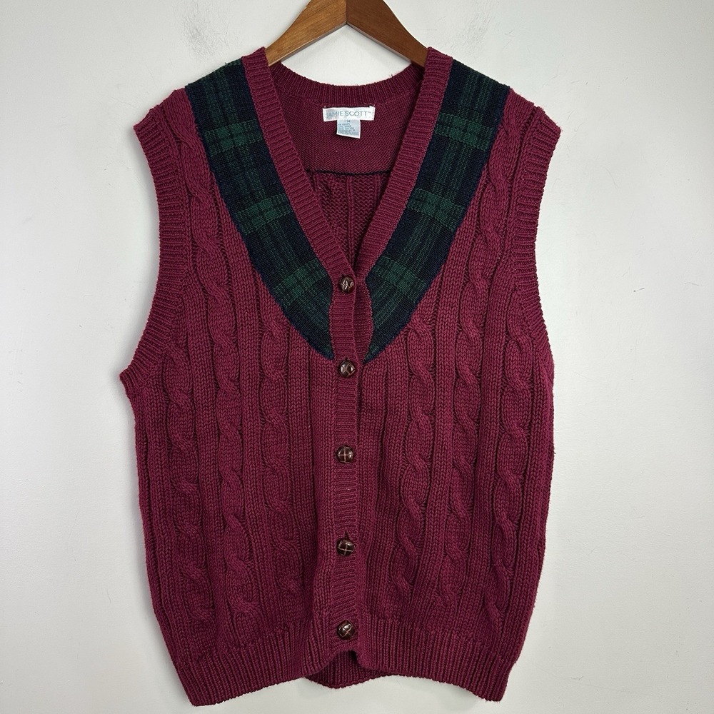 Vintage Jamie Scott Sweater Vest Plaid Trim Cable‎ Knit Button Up Fisherman Sz L